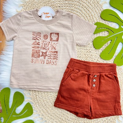 Conj. Camiseta em Linho Sunny Days e Bermuda em Moletinho - Caramelo e Ferrugem